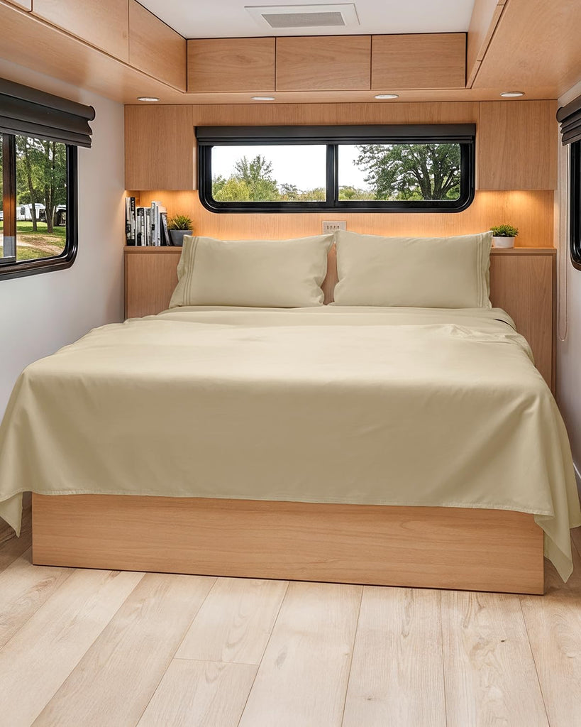 Short Queen Size 4 Piece Bed Sheet Set - RV Short Queen Sheets - Beige