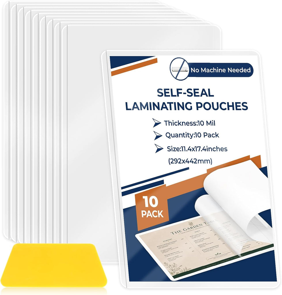 10 Pack 10 Mil 11x17" Self Sealing Laminating Pouches Self Adhesive Lamination Pouches Clear Laminate Sheets for Drawing