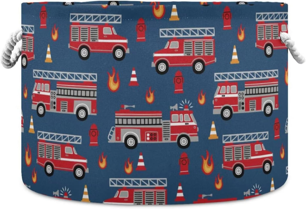 LEANSHSA Fire Trucks Print Collapsible Round Storage Basket with Handles
