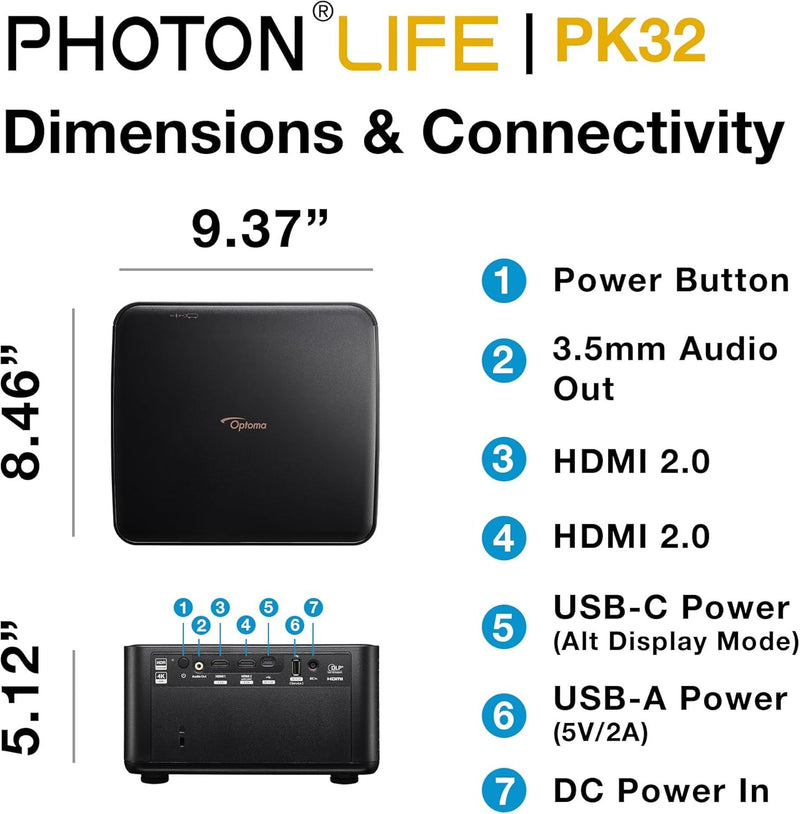 Optoma Photon Life PK32 - 4K UHD, 1,100 Lumens, LED, Premium Auto-Setup Home Entertainment & Gaming Projector