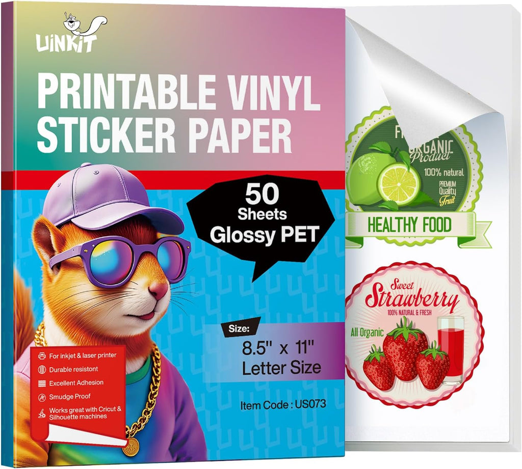 Uinkit Glossy Printable Vinyl Sticker Paper Letter Size 8.5x11" 50 Sheets