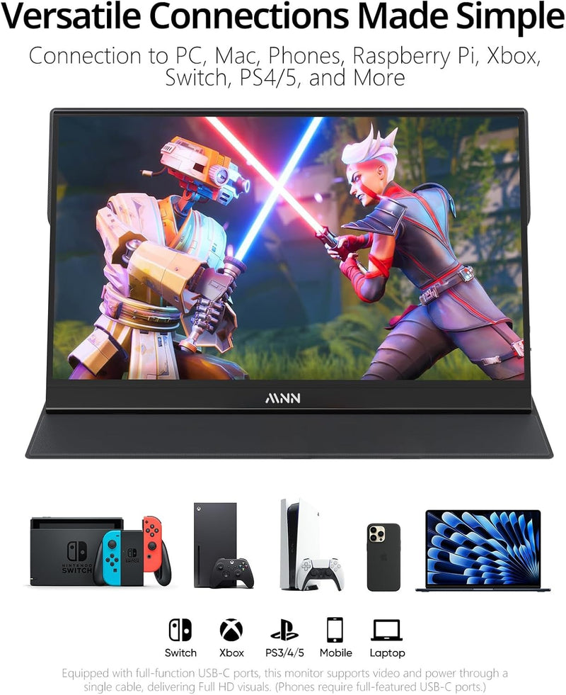 MNN Portable Monitor 15.6inch FHD 1080P 60Hz USB C HDMI Gaming Ultra-Slim IPS Display w/Smart Cover & Speakers,HDR Plug&Play, External Monitor for Laptop PC Phone Mac (15.6'' 1080P)