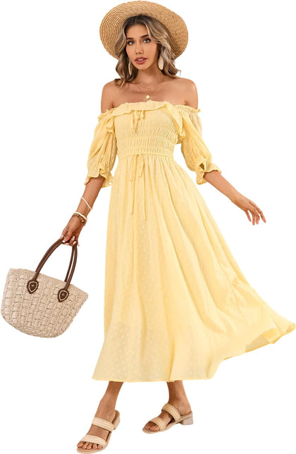 R.Vivimos Women Summer Cotton A Line Flowy Long Dresses, LightYellow#2, XL