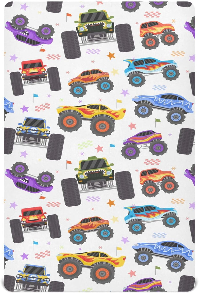 Crib Sheets for Boys Cartoon Monster Trucks Toddler Baby Girl Sheets for Crib,Neutral Mini Crib Nursery Mattress Sheets