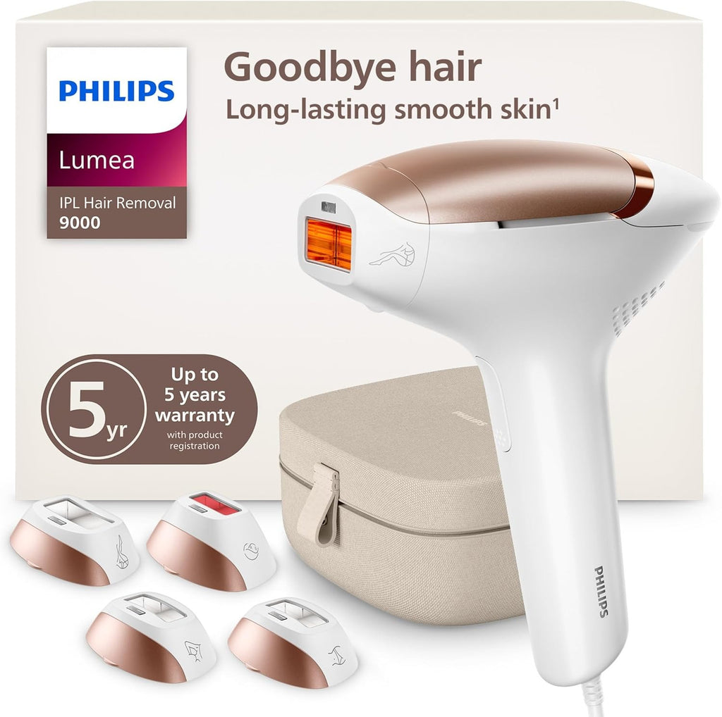 Philips Lumea 9000 Series Dispositivo de depilación IPL Reducción permanente de vello láser para mujeres y hombres, fácil y cómodo de usar en casa, SenseIQ, 4 accesorios para cuerpo, cara, bikini y axilas, BRI984/03
