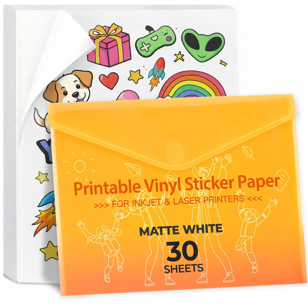 JANDJPACKAGING Printable Vinyl Sticker Paper, Matte White, 8.5"x11"