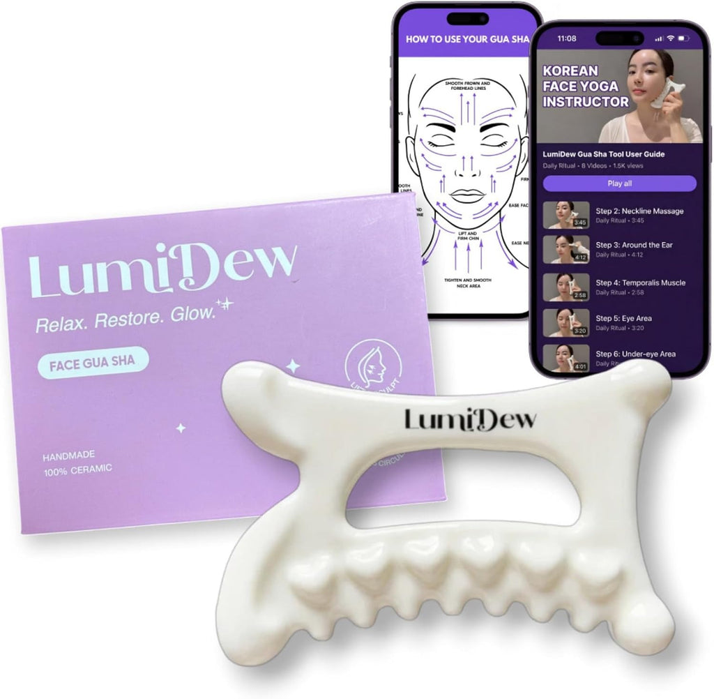 LumiDew Herramienta de cerámica Guasha para cara y cuerpo, masajeador de drenaje linfático, herramienta para esculpir la cara, moldeador de mandíbula y reductor de doble barbilla, regalos de cuidado p