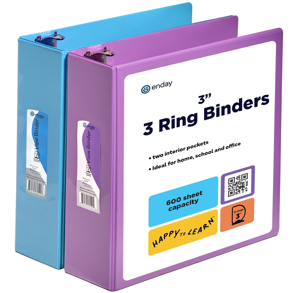 3 Inch Binder (2 Pack) Blue and Purple 3 Ring Binder 3 inch, Clear View Cover with 2 Inside Pockets, Three Ring Binders