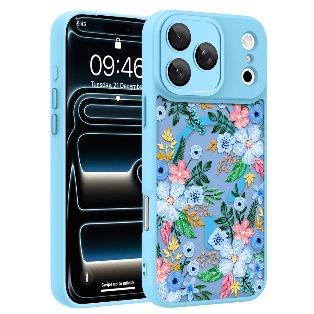 Ufbara Magnetic for iPhone 17 Pro Case, Cute Blossom Pattern, Blue