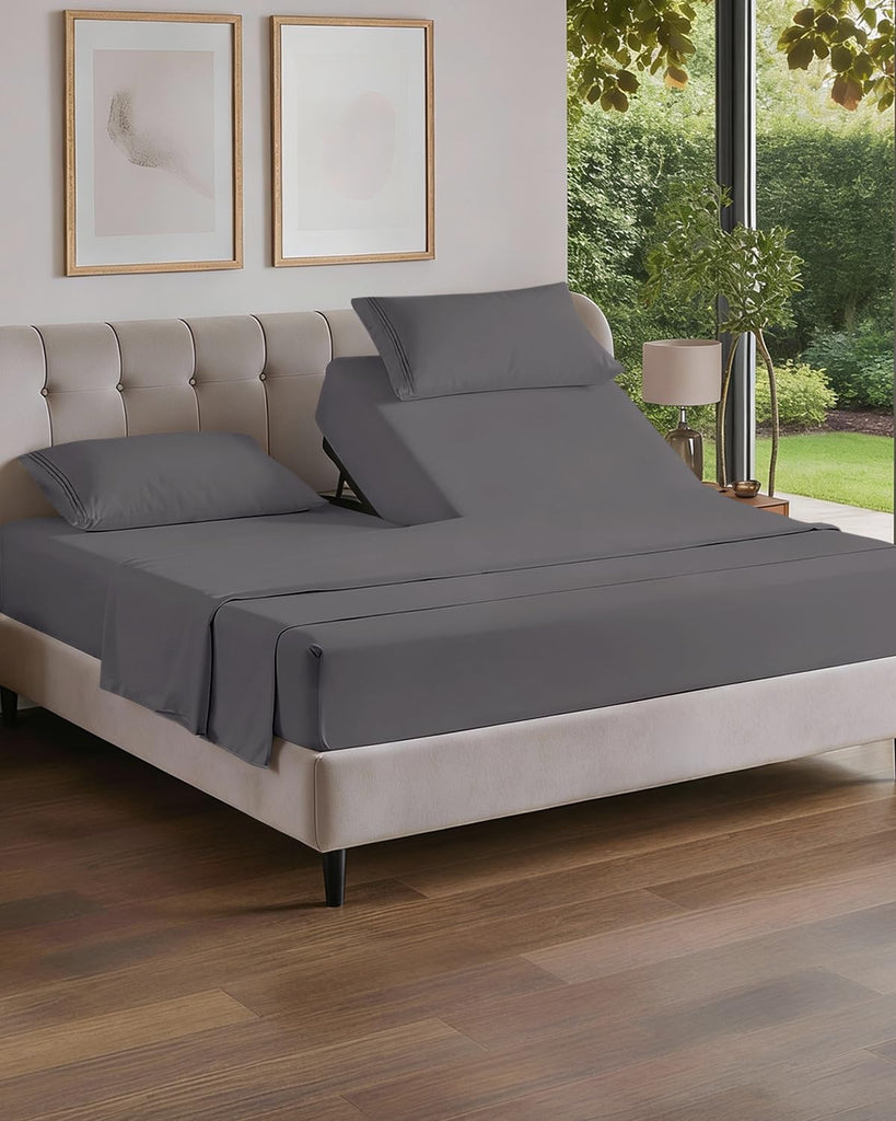 Flex Top Split Head King 4 Piece Sheet Set - Soft & Breathable - Dark Grey