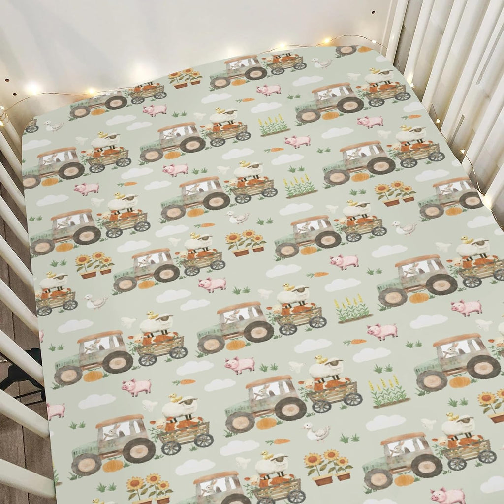 Spring Farm Life Baby Crib Sheets for Boy Girl 28"x52" Tractor Pig Lamb Cow Duck Sunflowers Soft Stretchy Fitted Crib Ma