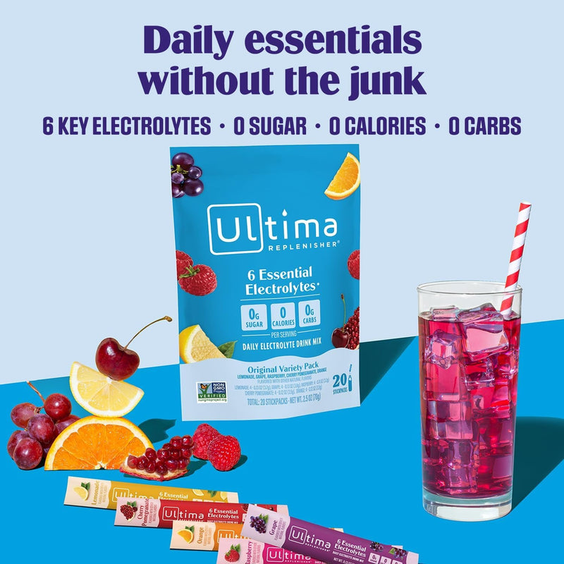 Ultima Replenisher - Bebida de electrolitos en polvo vegana, sin azúcar ni OMG, bebida hidratante adecuada para dieta cetogénica, paquetes individuales, sabores surtidos 5 sabores, 20 unidades