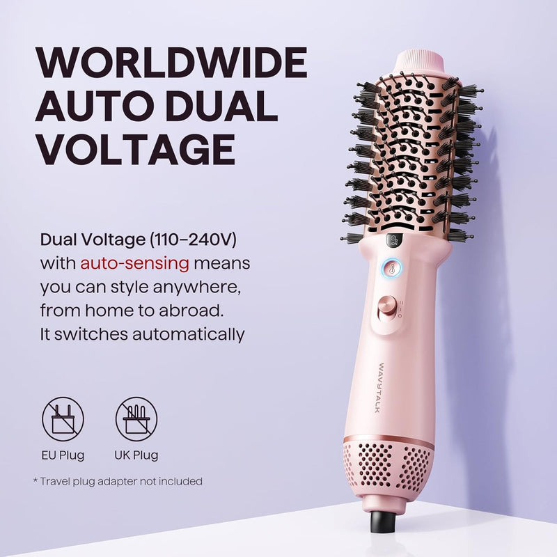 Wavytalk Cepillo secador de pelo de doble voltaje para Perú y viajes internacionales, mini cepillo jet de 110 V-240 V, cepillo secador de pelo iónico que reduce el daño, cabello lacio