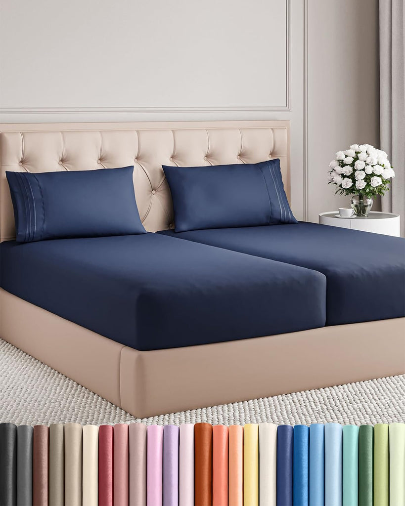Split King Size 5 Piece Sheet Set - Breathable & Cooling Sheets - Navy Blue