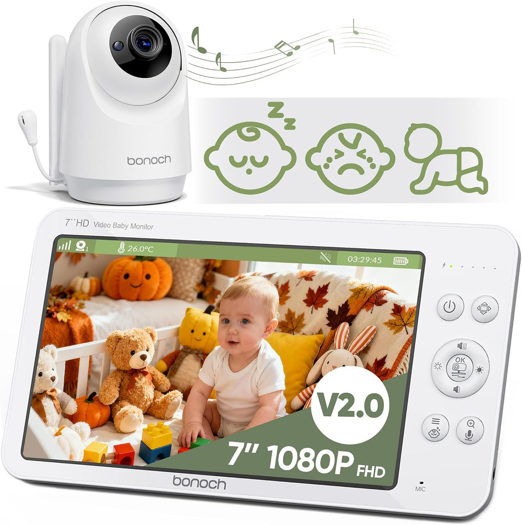 bonoch V2.0 MegaView 7" 1080P Baby Monitor No WiFi, Hack Proof, White Noise