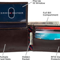 Tommy Hilfiger Men's Leather Wallet – Slim Bifold with 6 Credit Card Pockets and Removable ID Window, Casual Brown, One Size