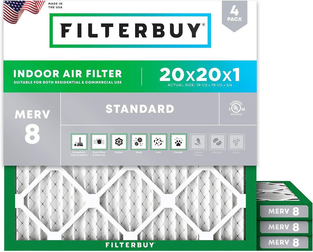Filterbuy 20x20x1 Air Filter MERV 8 Dust & Allergy Defense (4-Pack)
