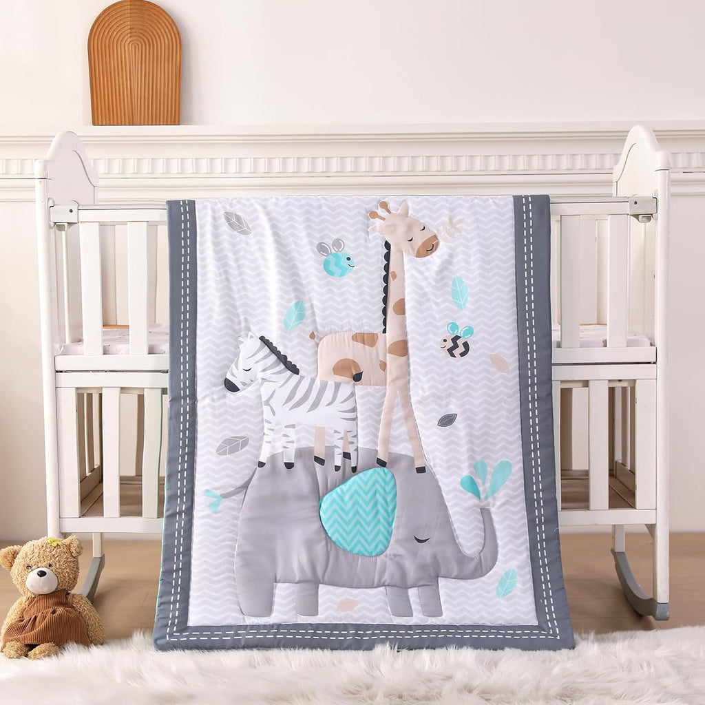 Wowelife Mini Crib Bedding Set Boy, 3 Piece Baby Bedding Set Nursery Bedding Set Elephant, Giraffe, Zebra Breathable Sof