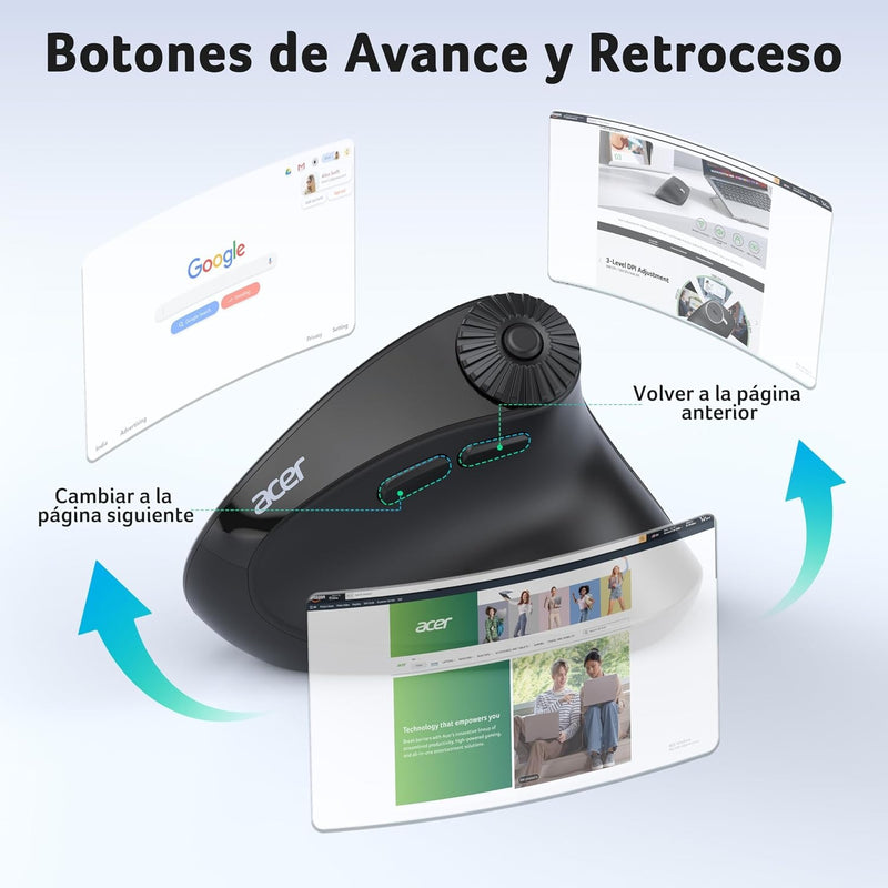 Acer Ergonomic Mouse Wireless with Side Scroll, Bluetooth Mouse for Laptop