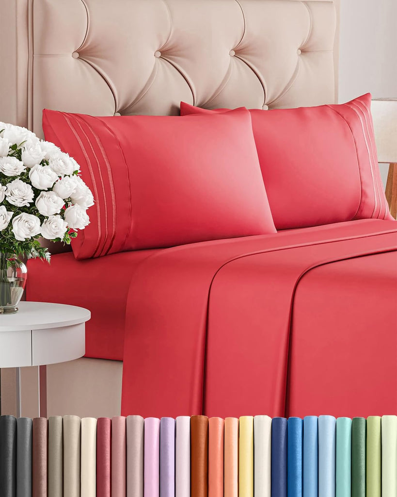 Queen Size 4 Piece Sheet Set - Comfy Breathable & Cooling Sheets - Red