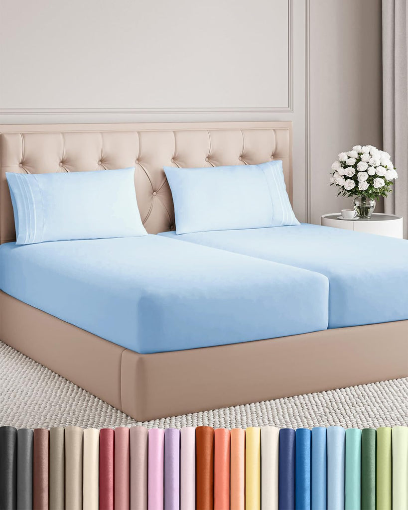 Split King Size 5 Piece Sheet Set - Comfy Breathable & Cooling - Light Blue
