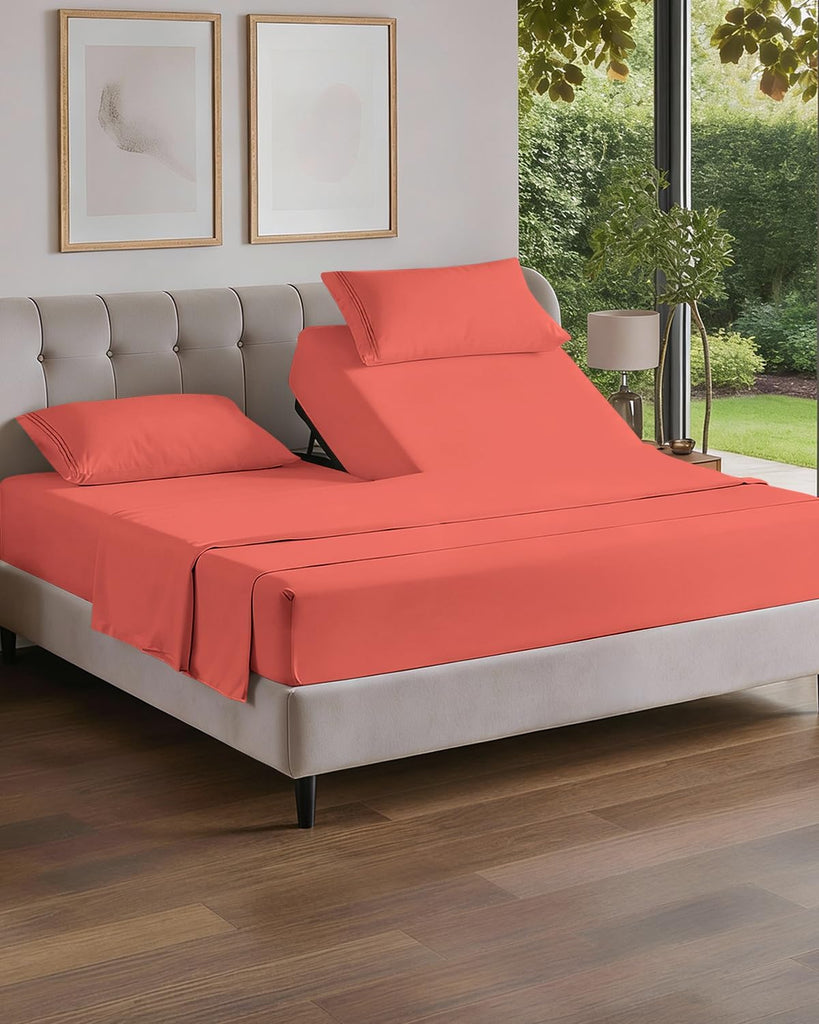 Flex Top Split Head King 4 Piece Sheet Set - Ultra-Soft, Breathable - Coral