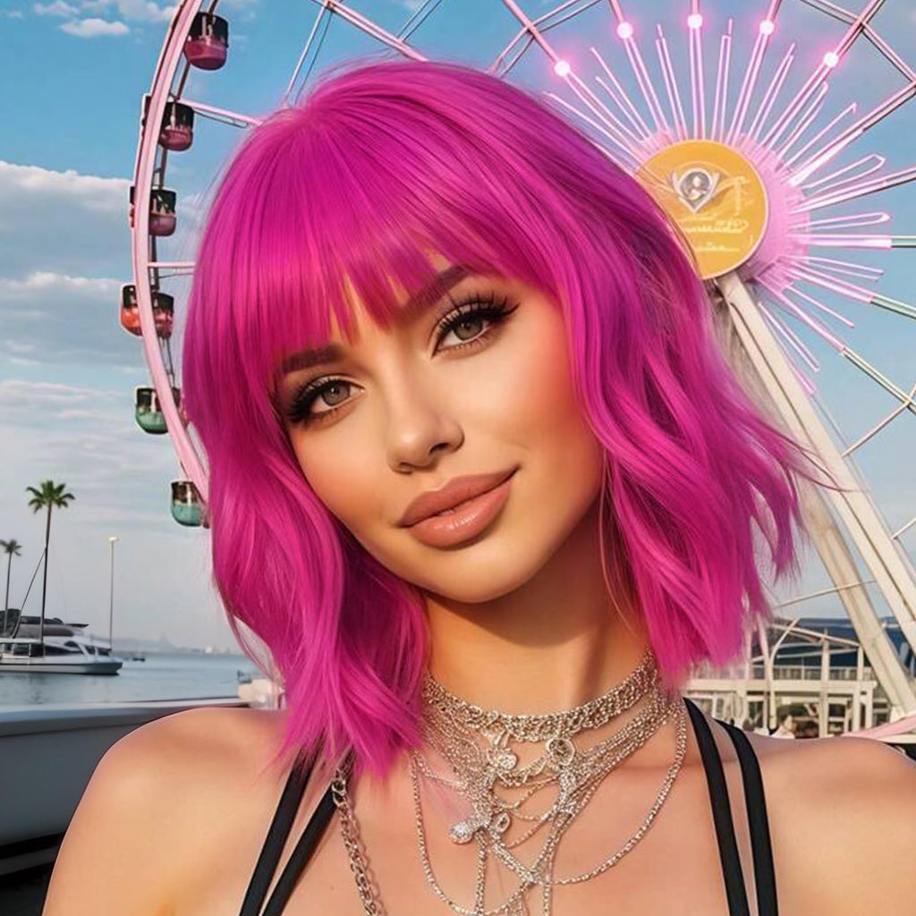 PHOENIXFLY Hot Pink Short Wavy Bob Synthetic Wig with Bangs for Women