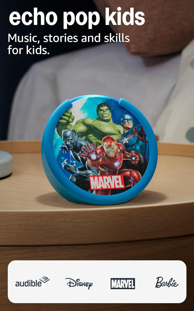 Amazon Echo Pop Kids (newest model), Enjoy age-appropriate audiobooks, sleep routines and Alexa+ experiences to create and learn, Marvel's Avengers design