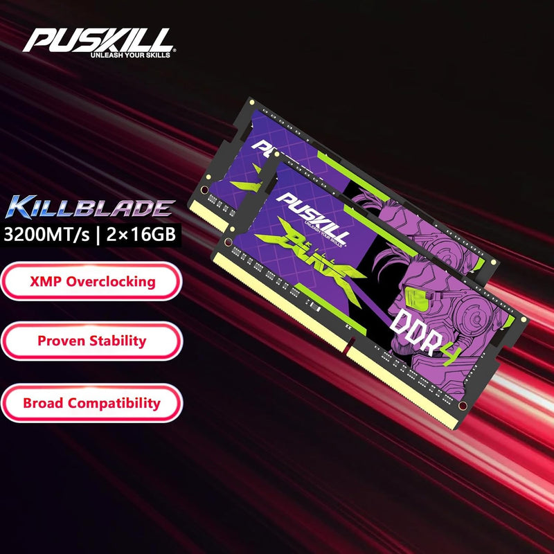 PUSKILL DDR4 Laptop RAM 32GB Kit (2x16GB) 3200MHz (PC4-25600) 260-Pin SODIMM CL22 1.2V - Plug and Play Upgrade for Gaming Laptops and Notebooks, Compatible with Intel & AMD