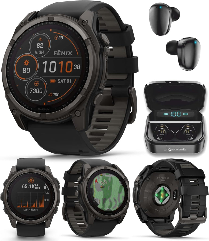 Wearable4U Garmin Fenix 8 – 51 mm, Solar, Sapphire, Carbon Gray DLC Titanium GPS Multisport Smartwatch with Black/Pebble Gray Silicone Black Earbuds Bundle