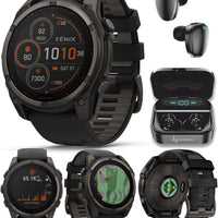 Wearable4U Garmin Fenix 8 – 51 mm, Solar, Sapphire, Carbon Gray DLC Titanium GPS Multisport Smartwatch with Black/Pebble Gray Silicone Black Earbuds Bundle