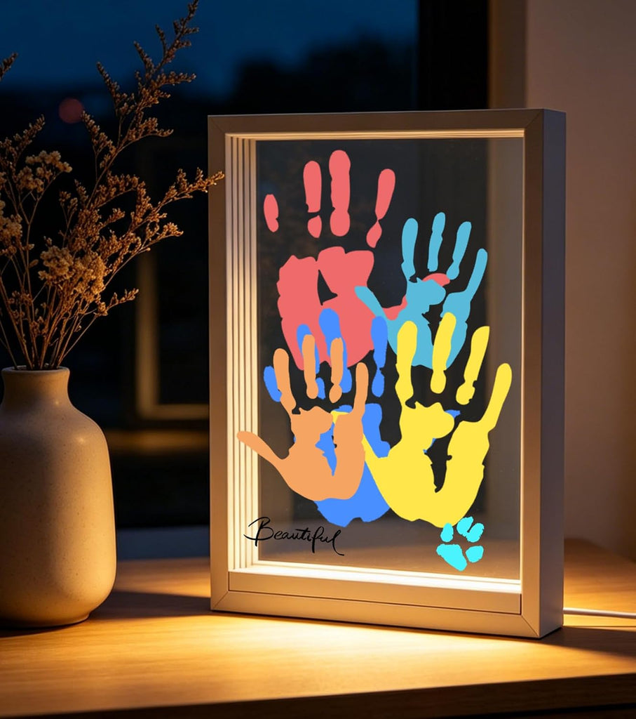 Family Handprint Kit with LED Light Base, Handprint Frame Kit, 12.3x8.7", 4 Transparent Panels, 6 Washable Pigments, Bab