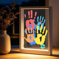 Family Handprint Kit with LED Light Base, Handprint Frame Kit, 12.3x8.7", 4 Transparent Panels, 6 Washable Pigments, Bab