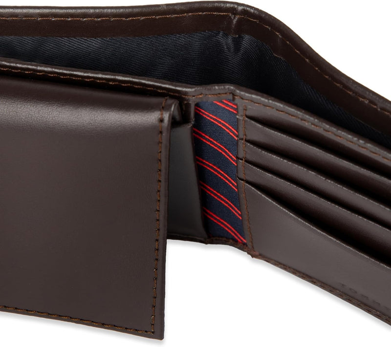 Tommy Hilfiger Men's Leather Wallet – Slim Bifold with 6 Credit Card Pockets and Removable ID Window, Casual Brown, One Size
