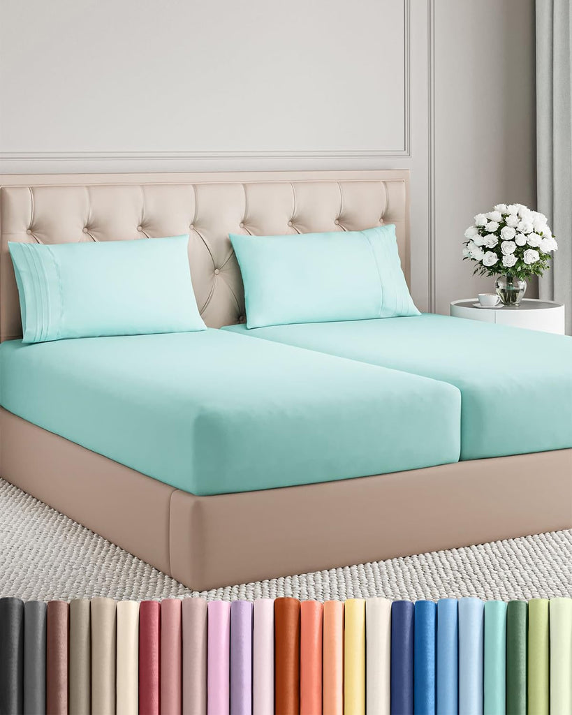 Split King Size 5 Piece Sheet Set - Breathable & Cooling Sheets - Spa Blue