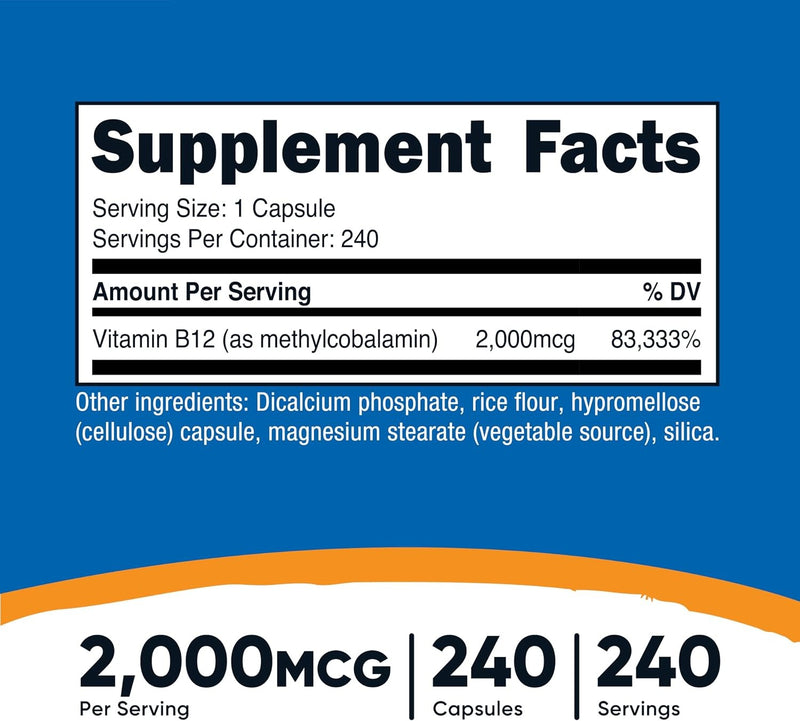 Vitamina B12, 0.00007 oz, 240 cápsulas, Nutricost