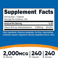 Vitamina B12, 0.00007 oz, 240 cápsulas, Nutricost