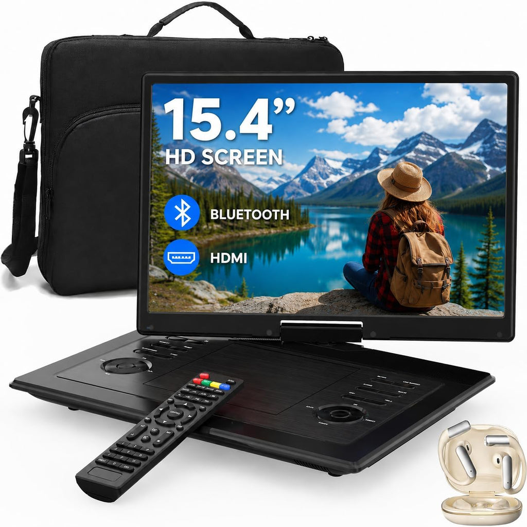 17.3" Portable DVD Player with Bluetooth Hadphones and Carrying Bag,15.4" Wide-Viewing-Angle HD Screen,6-Hours Rechargea