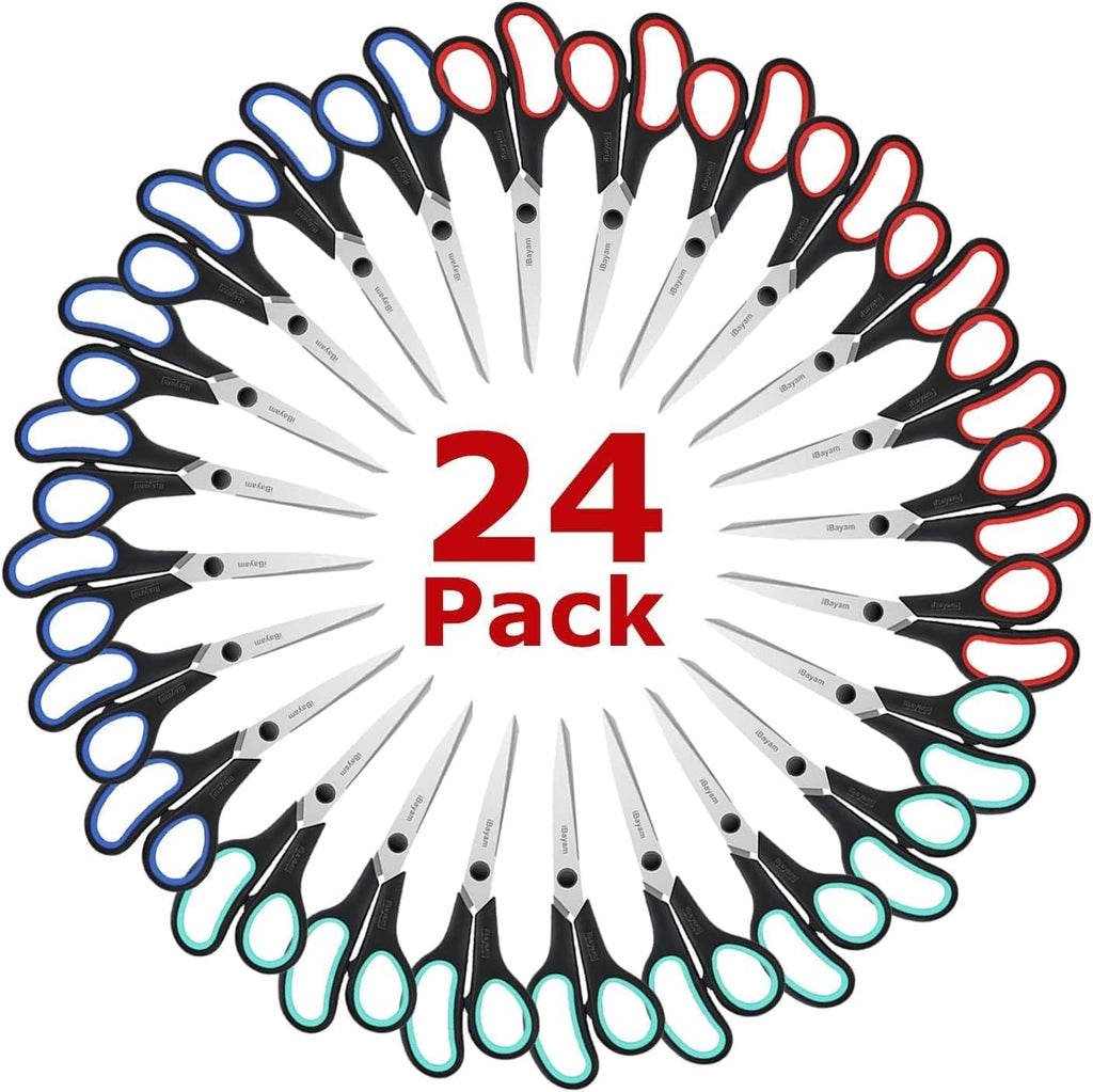 iBayam 8.5" All Purpose Sharp Black Scissors, Comfort-Grip Handles, 24-Pack