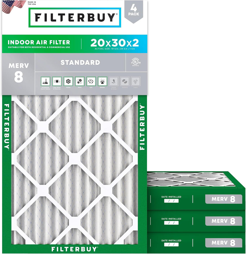 Filterbuy 20x30x2 Air Filter MERV 8 Dust & Allergy Defense (4-Pack)