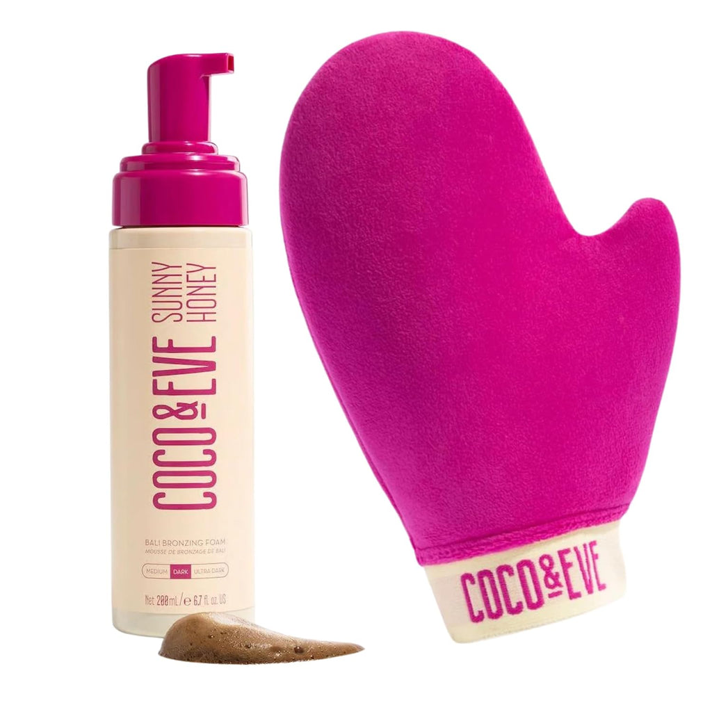 Coco & Eve Self Tanner Foam Kit - (Dark) Streak-Free Sunless Tanning Mousse, Tropically Scented Natural Looking Tan With Mitt Applicator, Vegan, Cruelty Free, Sunny Honey Bali Bronzing, 6.7 fl oz