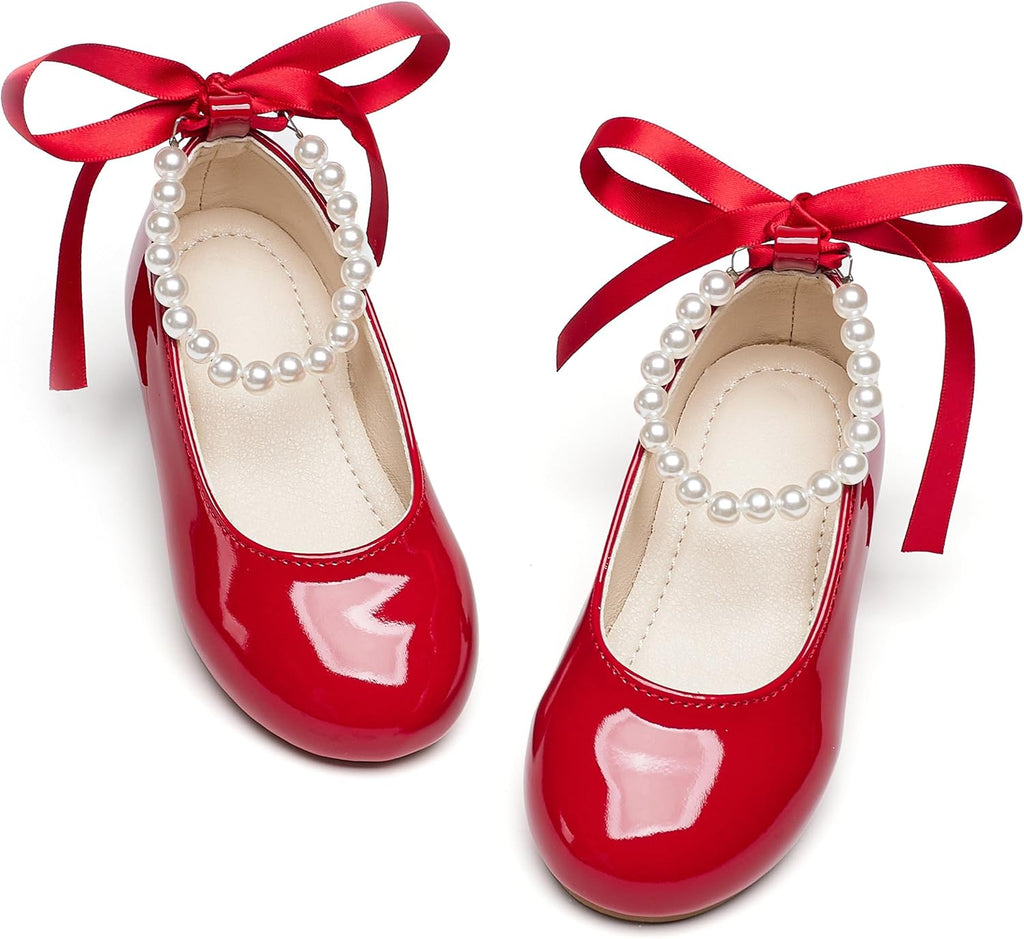 PHIRAMIN Toddler Flower Girl Patent Red Dress Shoes - Little Girl Ballet Flats Size 11 Pearl Wedding Party
