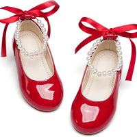 PHIRAMIN Toddler Flower Girl Patent Red Dress Shoes - Little Girl Ballet Flats Size 11 Pearl Wedding Party