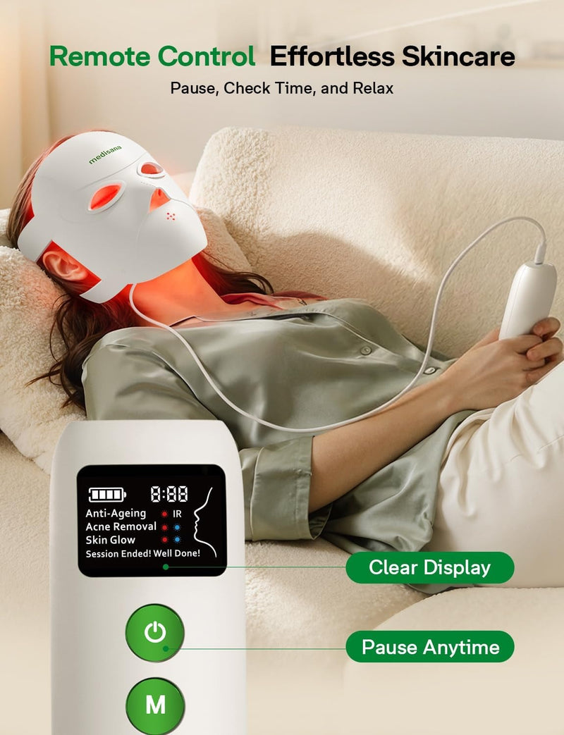 Medisana - Terapia de luz roja 3D para cara, 336 LED con 3 modos, NIR 830 nm, rojo 630 nm, azul 415 nm, diseño ergonómico de silicona 3D, máscara facial LED inalámbrica y recargable, regalos para el c