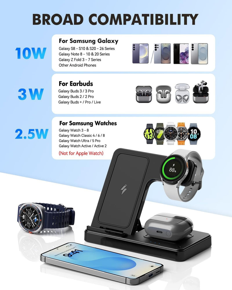 SMILE STATION store Wireless Charger for Samsung, 3-in-1 Foldable Charging Station