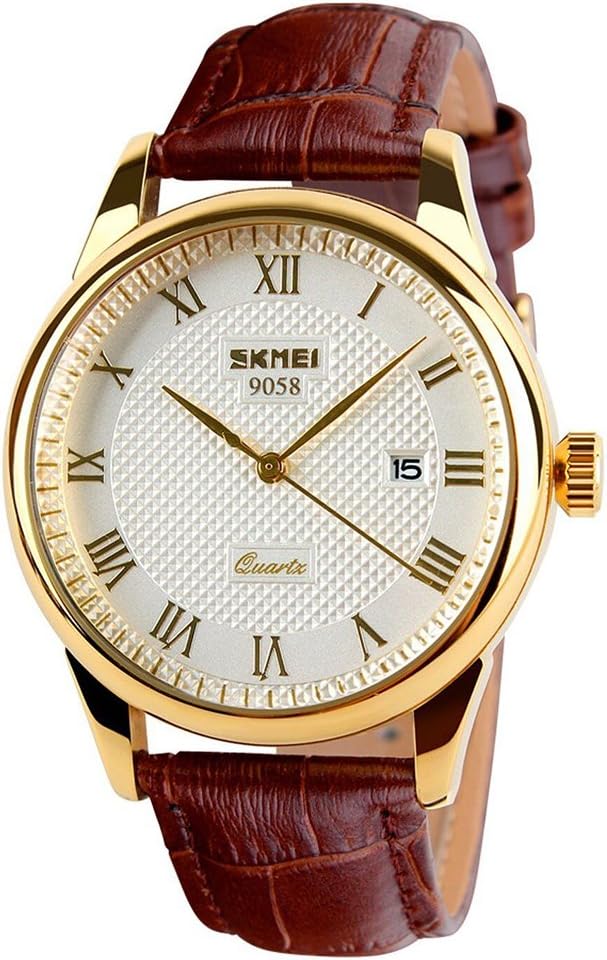 SKMEI Men Business Quartz Watches Analog Casual Dress Watch Leather Band with Auto Date (Brown+Gold)
