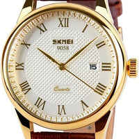 SKMEI Men Business Quartz Watches Analog Casual Dress Watch Leather Band with Auto Date (Brown+Gold)