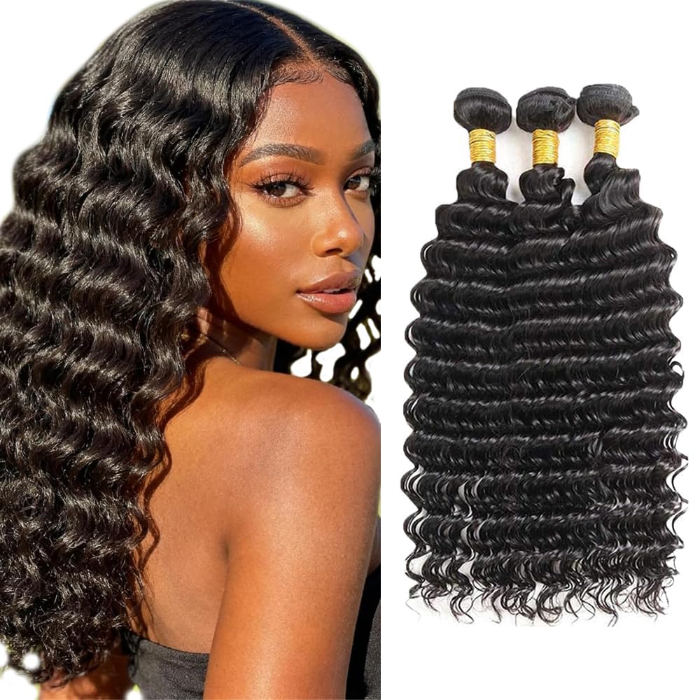 #1B Deep Wave Bundles Human Hair 16 18 20 Inch Unprocessed Brazillian Virgin Remy Hair 3 Bundles 150 Gram Natural Black