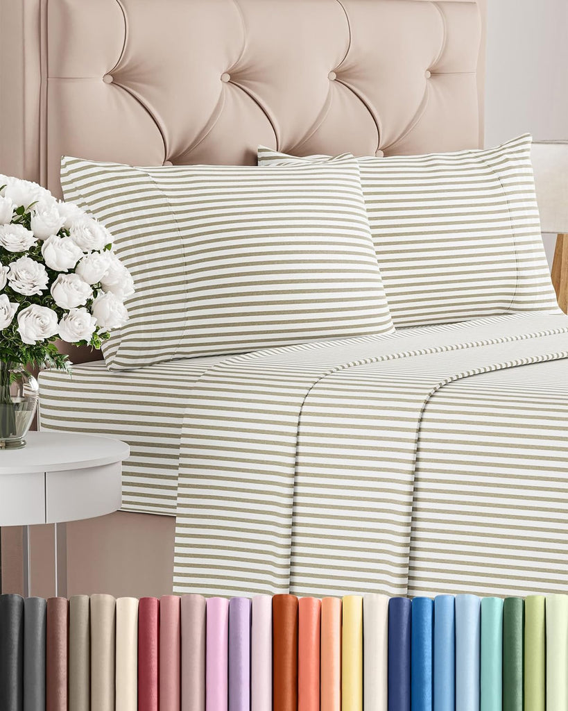 Full Size 4 Piece Sheet Set - Breathable & Cooling Sheets - Beige Stripes