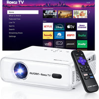 Aurzen Roku TV Smart Projector with Wifi and Bluetooth, Roku TV Built-in, 1080P FHD, DoIby Audio, Auto Focus & Keystone, Zoom, Movie Portable Outdoor Mini Projector for Soccer Football Game, White